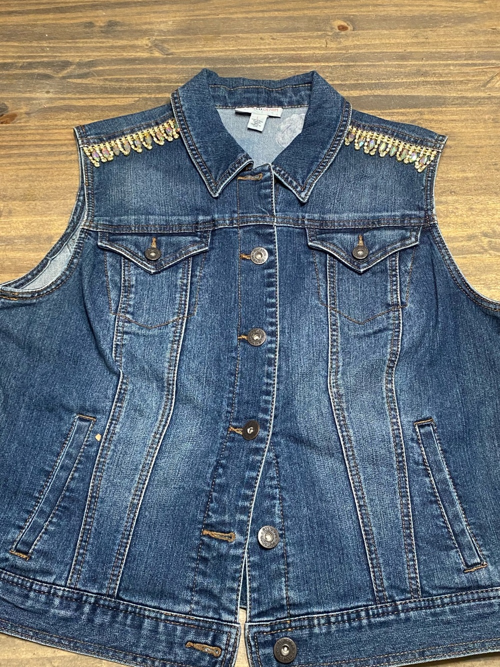 Beaded Shoulder Dark Wash Denim Vest